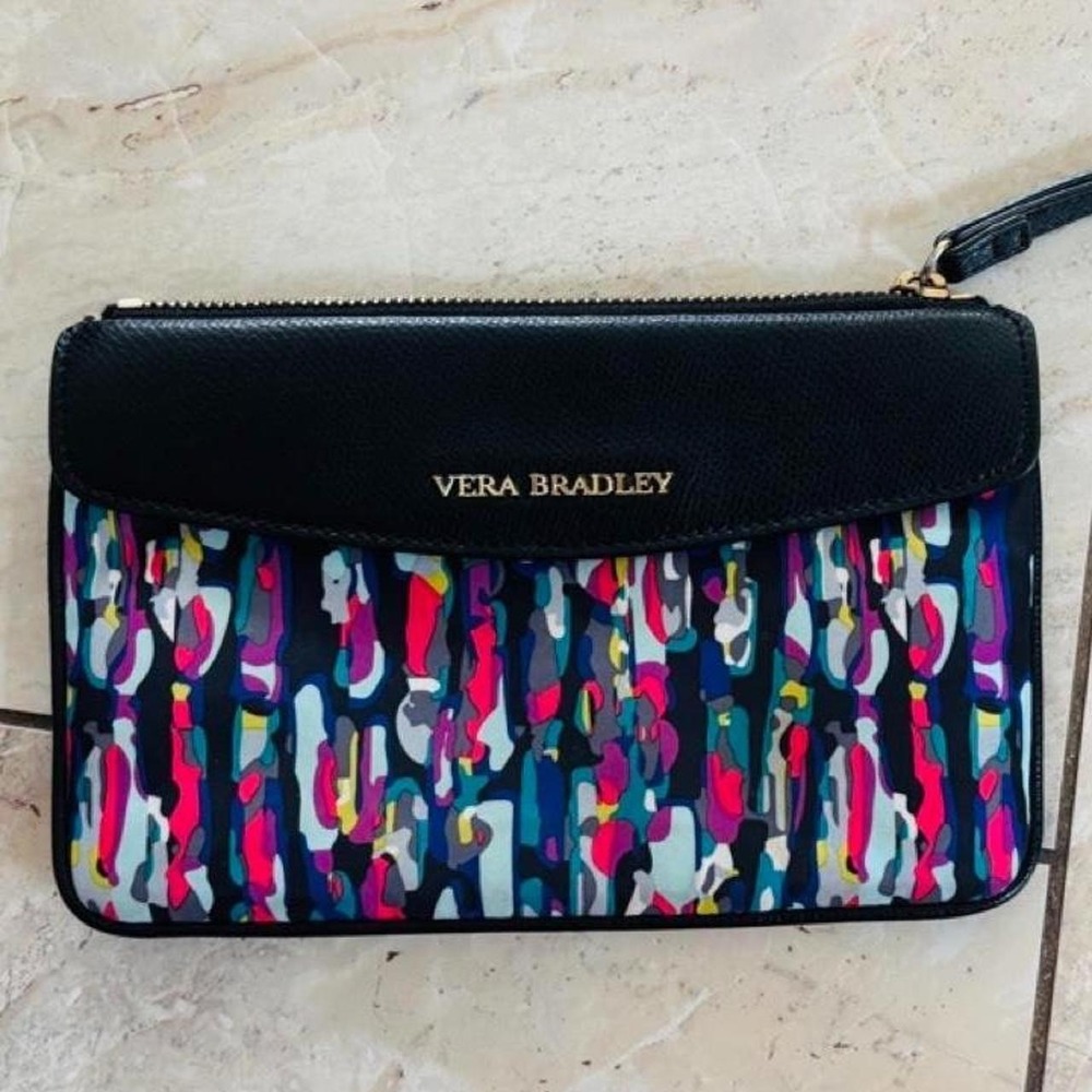 Vera Bradley Multi-Color Abstract Camo Print Wristlet Black Faux Leather Trim